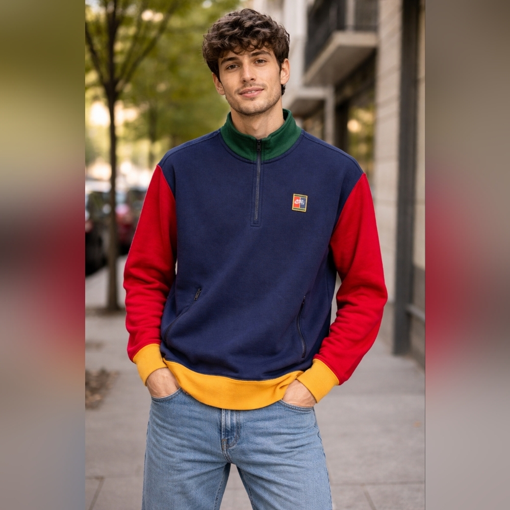 Nike Colorblock Quarter-Zip Sweatshirt - Navy/Red/Green/Yellow